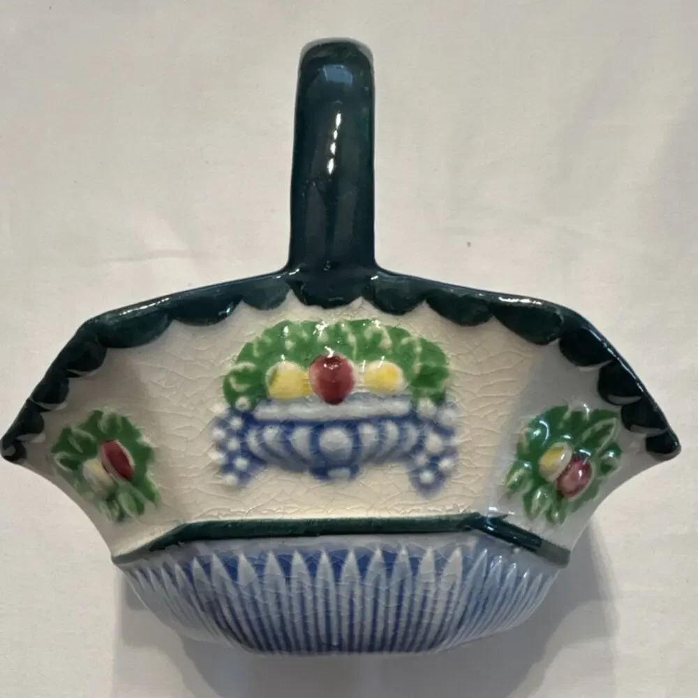Maruhani Ware Ceramic Decorative Basket Fruit Multicolor Japan 5”x 3” x 5”